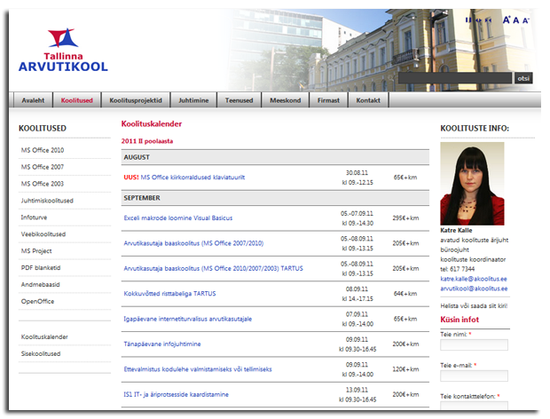 ekraanipilt veebilehest - koolituskalender