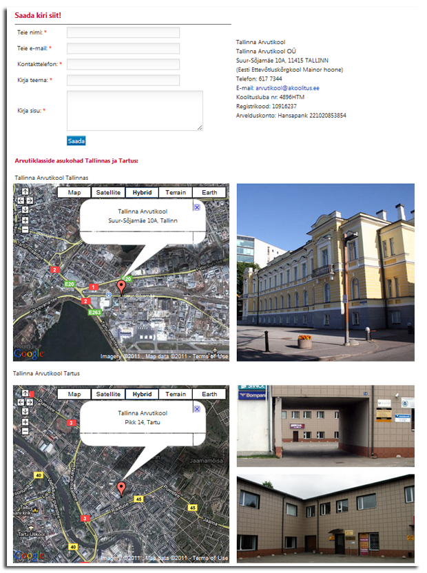 ekraanipilt veebilehest - kontakt ja asukoht