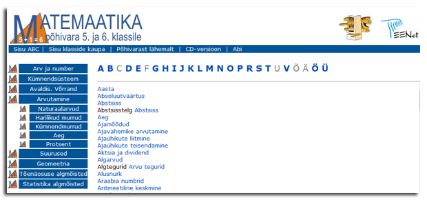 ekraanipilt - mõistete tähestikuline sisukord
